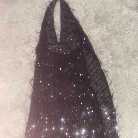 Porrcey NWOT maxi black halter back shimmering sequin mesh V neck gown sz xL - Picture 8 of 9